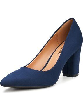 Women's Heel Navy Blue Rubber Sole High Chunky Block Closed Pointed Toe Pumps